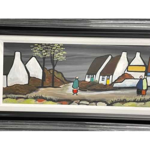 36 - A large oil painting on board by Mary Lou. An Irish Village. New frame. 120.5x18.5cm. Frame 142.5x40... 