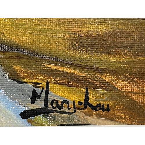 37 - An oil painting on canvas by Mary Lou. Coming Home. New frame. 28x19.5cm. Frame 49x40cm