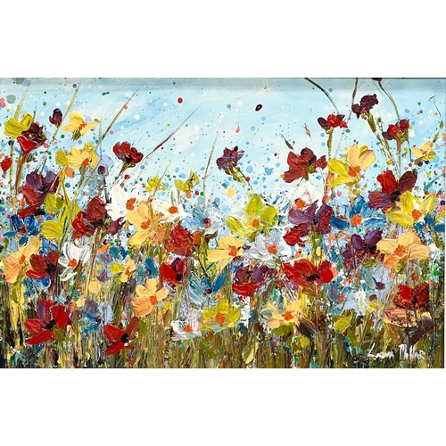 38 - A large acrylic oil painting on board by Lorna Millar. Wild Flowers. New frame. 74.5x49cm. Frame 91x... 