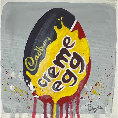 40 - An oil painting on canvas by Boylan. Cadburys Cream Egg. 19x19cm m. Frame 31x31cm