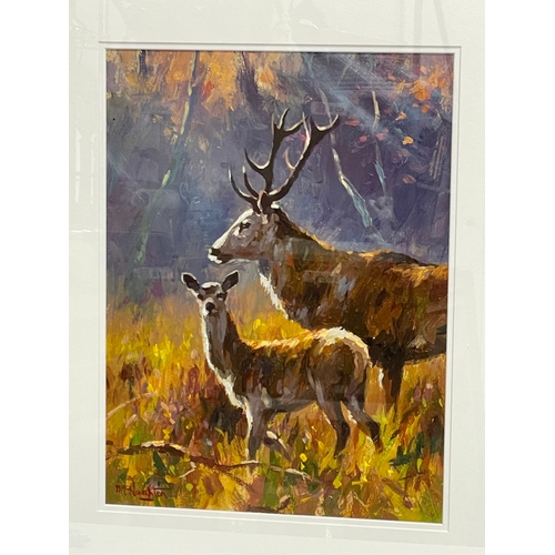 41 - An oil painting on board by Donal McNaughton. Stags. New frame. 29x39cm. Frame 56x66cm