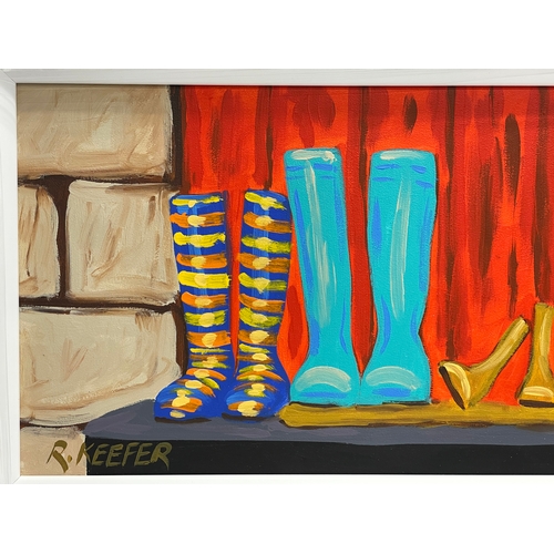 43 - A large oil painting on board by Ron Keefer. Welly Boots. New frame. 74.5x29cm. Frame 91x45.5cm