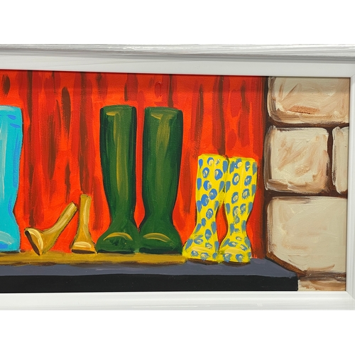 43 - A large oil painting on board by Ron Keefer. Welly Boots. New frame. 74.5x29cm. Frame 91x45.5cm