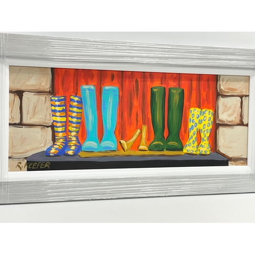 43 - A large oil painting on board by Ron Keefer. Welly Boots. New frame. 74.5x29cm. Frame 91x45.5cm