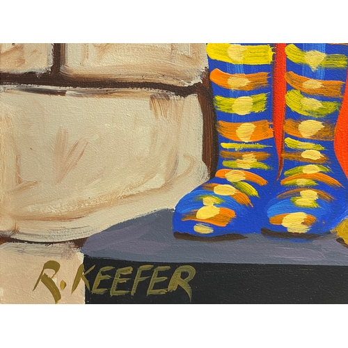 43 - A large oil painting on board by Ron Keefer. Welly Boots. New frame. 74.5x29cm. Frame 91x45.5cm