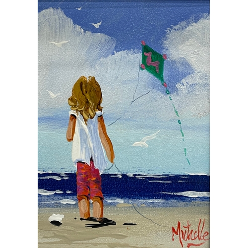 44 - An oil painting on board by Michelle Carlin. Girl With Kite. New frame. 11.5x16.5cm. Frame 28x32.5cm