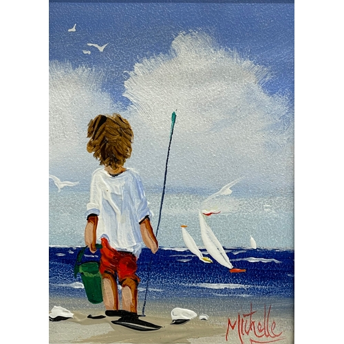 45 - An oil painting on board by Michelle Carlin. Young Boy Fishing. New frame. 11.5x16.5cm. Frame 28x32.... 