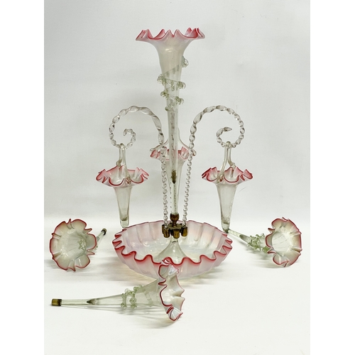 20 - A large Victorian Vaseline and Cranberry Glass epergne. 51cm