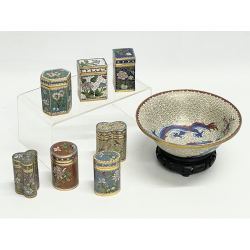 85 - A collection of early 20th century cloisonné enamel ware. Bowl measures 15.5x5.5cm without stand.