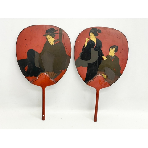 97 - 4 early 20th century Japanese hand painted lacquered fans. 20x35.5cm