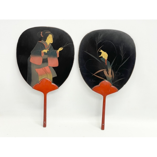 97 - 4 early 20th century Japanese hand painted lacquered fans. 20x35.5cm