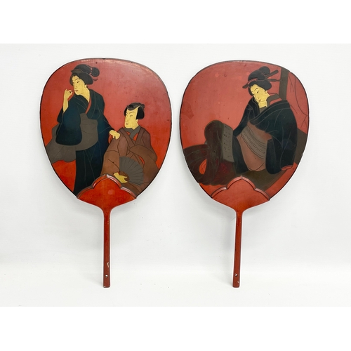 97 - 4 early 20th century Japanese hand painted lacquered fans. 20x35.5cm