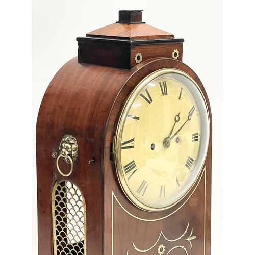 26 - A large Regency mahogany brass inlaid double fusee mantle clock with pendulum. 27x16x50cm