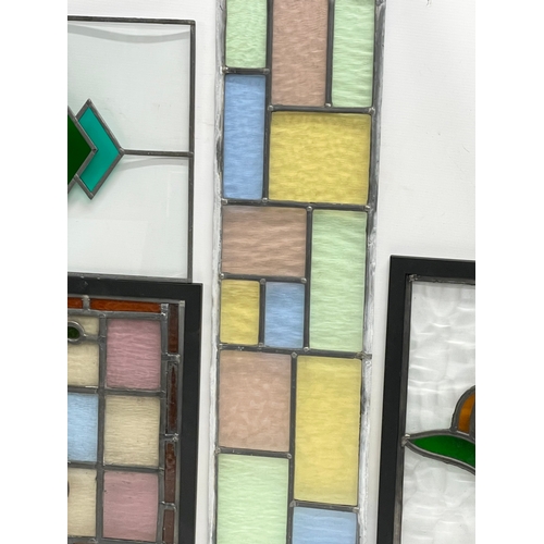 206K - 5 vintage stained glass panels. Largest 20.5x77cm. Largest framed 41x39.5cm. 27x44.5cm