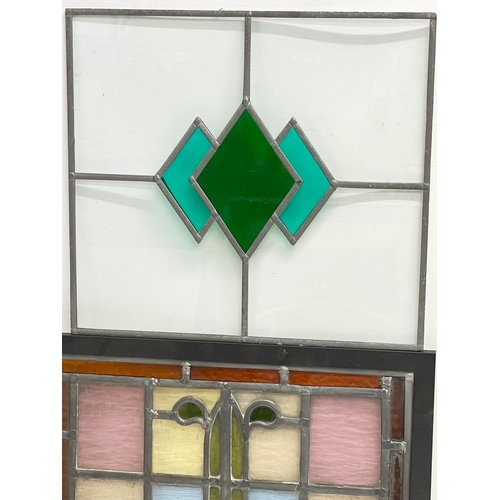 206K - 5 vintage stained glass panels. Largest 20.5x77cm. Largest framed 41x39.5cm. 27x44.5cm