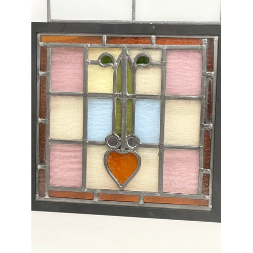 206K - 5 vintage stained glass panels. Largest 20.5x77cm. Largest framed 41x39.5cm. 27x44.5cm