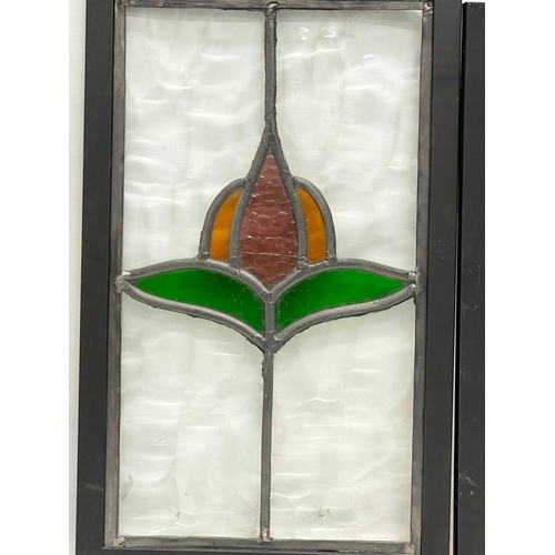 206K - 5 vintage stained glass panels. Largest 20.5x77cm. Largest framed 41x39.5cm. 27x44.5cm