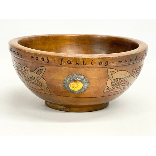 28 - An early 20th century Irish Arts & Crafts wooden bowl. Possibly by E.K. McDermott of Belfast. Inscri... 