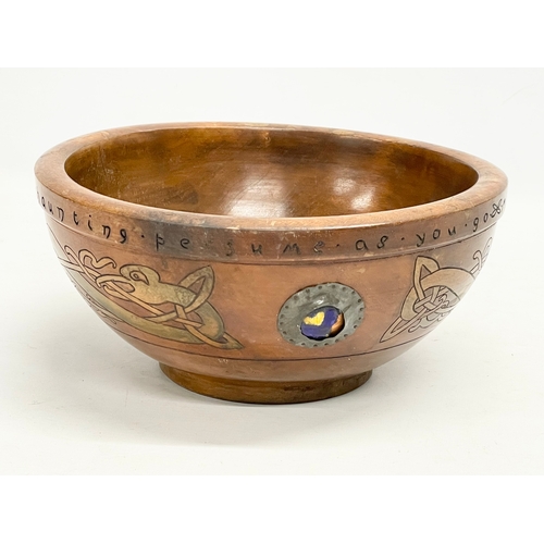 28 - An early 20th century Irish Arts & Crafts wooden bowl. Possibly by E.K. McDermott of Belfast. Inscri... 