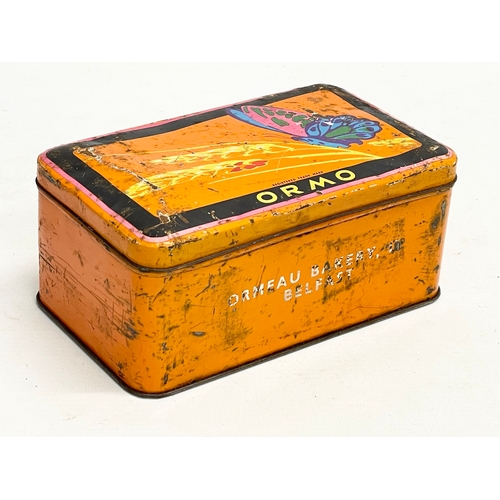 206P - 2 vintage Ormeau Bakery, Belfast tins. Ormo. Butterfly. 18x15x8cm.