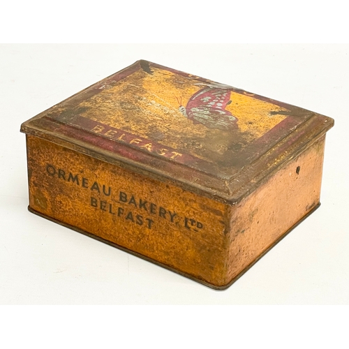 206P - 2 vintage Ormeau Bakery, Belfast tins. Ormo. Butterfly. 18x15x8cm.