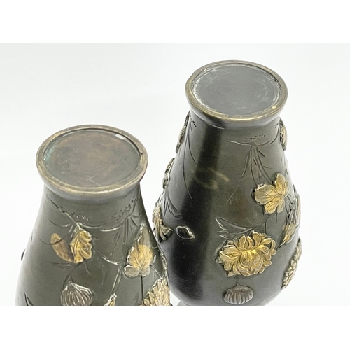 261H - A pair of late 19th century small Japanese bronze vases with brass birds and flower motif. 9cm