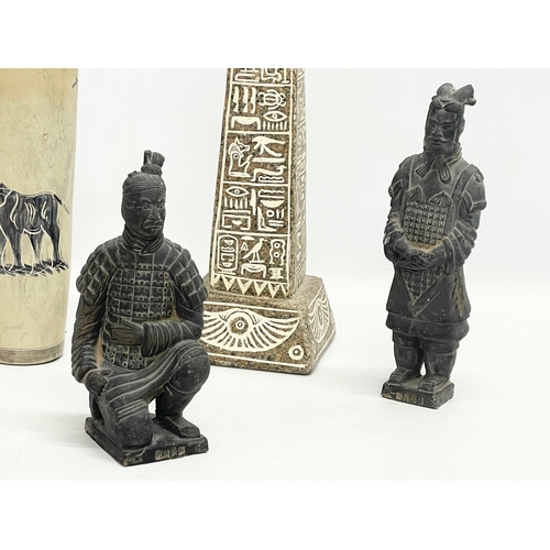 127K - A sundry lot. A large Egyptian marble Obelisk 44.5cm, 2 Chinese Terracotta soldiers and an African S... 