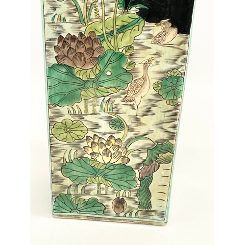 1 - A large Square Chinese Kangxi Famille Noir vase. Prunus and flying Magpie motif. Kangxi 6 character ... 