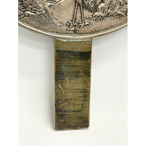 4 - A late 19th century Japanese bronze hand mirror. Decorated with cranes and tree. 23x32cm