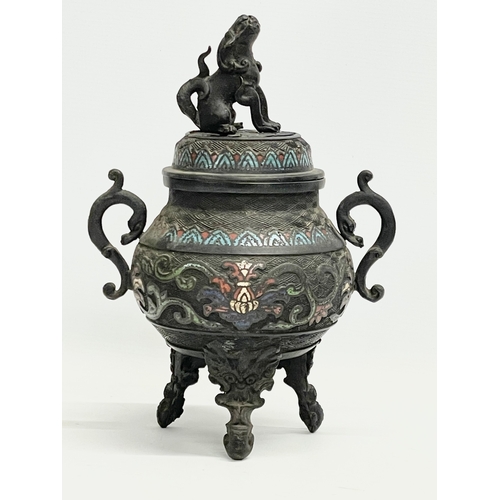 9 - A large late 19th century Japanese Meiji Period bronze censer with enamel and Foo Dog decoration. 18... 