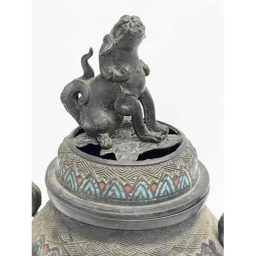 9 - A large late 19th century Japanese Meiji Period bronze censer with enamel and Foo Dog decoration. 18... 