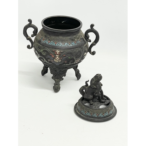 9 - A large late 19th century Japanese Meiji Period bronze censer with enamel and Foo Dog decoration. 18... 