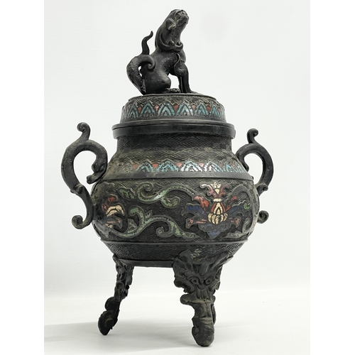 9 - A large late 19th century Japanese Meiji Period bronze censer with enamel and Foo Dog decoration. 18... 