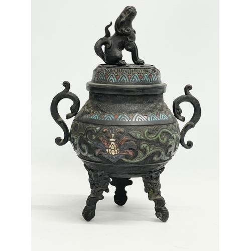 9 - A large late 19th century Japanese Meiji Period bronze censer with enamel and Foo Dog decoration. 18... 