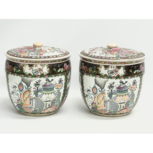 11 - A pair of large late 19th century Chinese Guangxu Famille Rose pots with with covers. 1875-1908. 28x... 