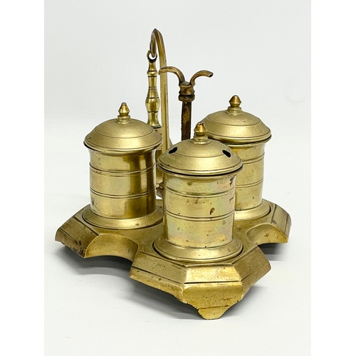 12 - A 19th century desktop brass Standish with bell. 21x17x15cm