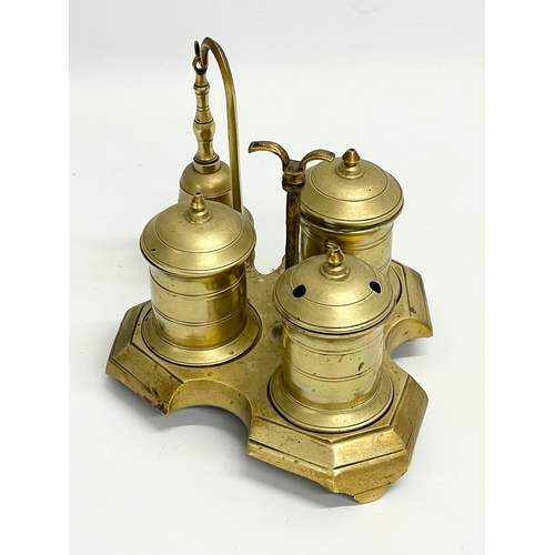 12 - A 19th century desktop brass Standish with bell. 21x17x15cm