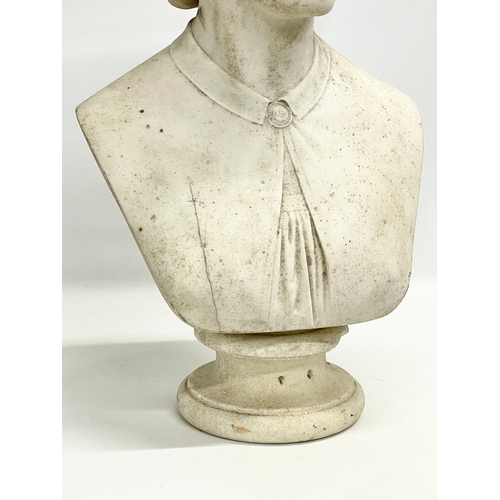 13 - Robert Jackson. A large 19th century marble bust of a lady with buttoned shirt stamped AEI. Sculpted... 