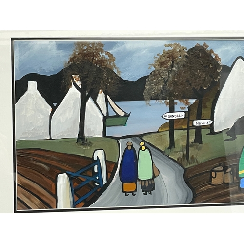 15 - A large oil painting on board by Mary Lou. An Irish village (Omeath) with new frame. 79x30cm. Frame ... 