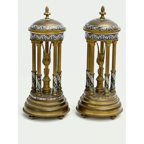 51 - A pair of late 19th century French brass dome garnitures with Egyptian revival figures, enamel decor... 