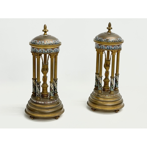 51 - A pair of late 19th century French brass dome garnitures with Egyptian revival figures, enamel decor... 