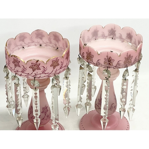 59 - A pair of large Victorian hand painted Opaline Glass lustres with glass droplets. 18x32cm