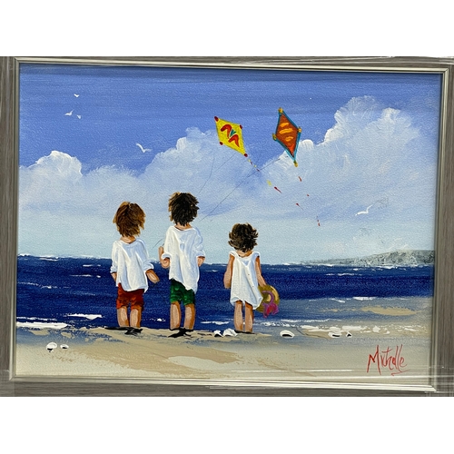 76 - An oil painting on board by Michelle Carlin. Kites by the seaside. I’m a new frame. 40x30cm. Frame 5... 