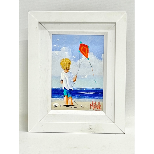 77 - An oil painting on board by Michelle Carlin. Boy with kite. 11x16cm. Frame 20.5x25.5cm