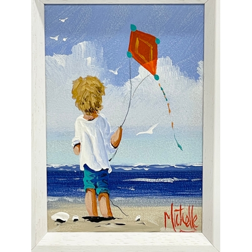 77 - An oil painting on board by Michelle Carlin. Boy with kite. 11x16cm. Frame 20.5x25.5cm