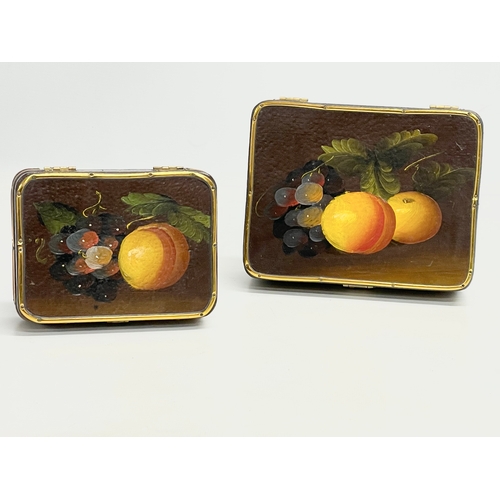 136 - A pair of early 20th century hand painted, brass bound lacquered boxes. 18x15x7cm