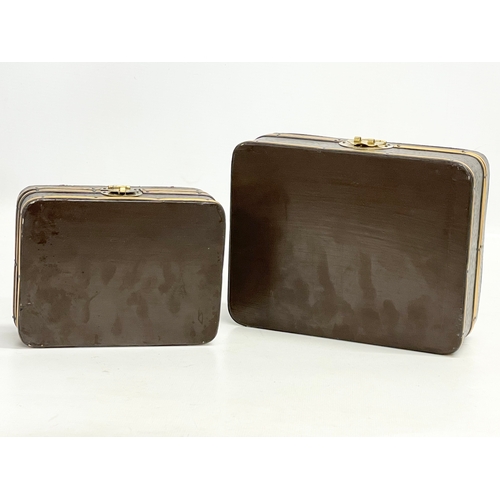 136 - A pair of early 20th century hand painted, brass bound lacquered boxes. 18x15x7cm