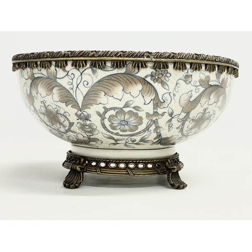 283 - A large hand painted ornate brass bound crackle glazed bowl. Shantou Arts & Crafts. 26.5x14.5cm