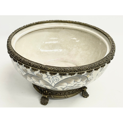 283 - A large hand painted ornate brass bound crackle glazed bowl. Shantou Arts & Crafts. 26.5x14.5cm