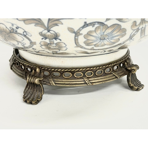 283 - A large hand painted ornate brass bound crackle glazed bowl. Shantou Arts & Crafts. 26.5x14.5cm